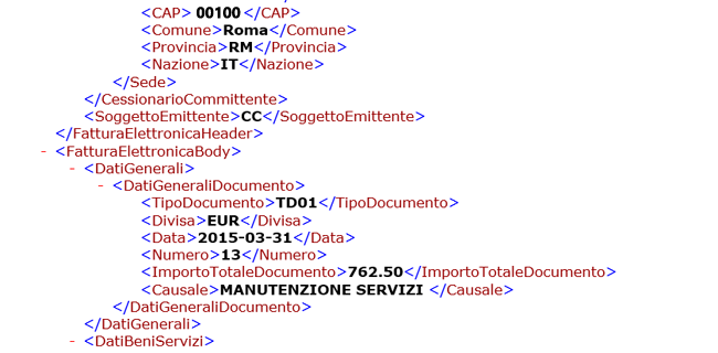 esempio fattura elettronica xml