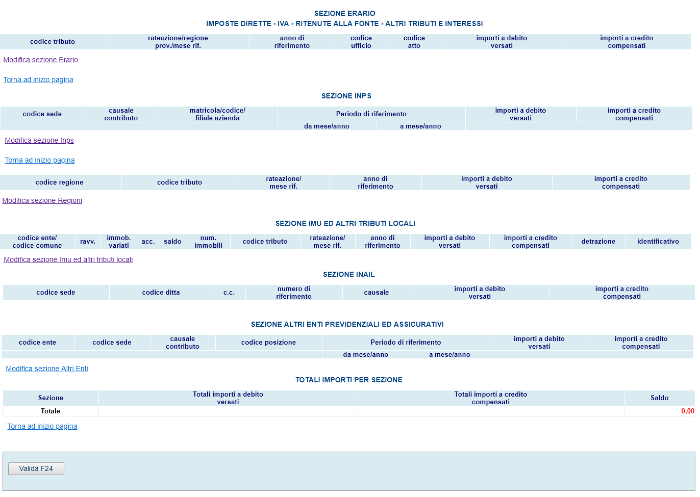 sezioni da compilare f24 web 